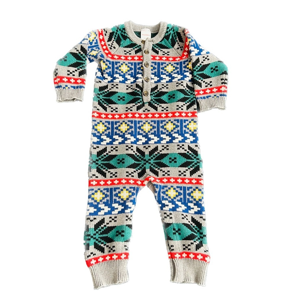 Hanna Andersson Sweater One Piece 2T knit fair isle gray green blue 85cm